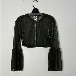 The Ragged Priest Green Shimmer Bell Sleeve Crop Top